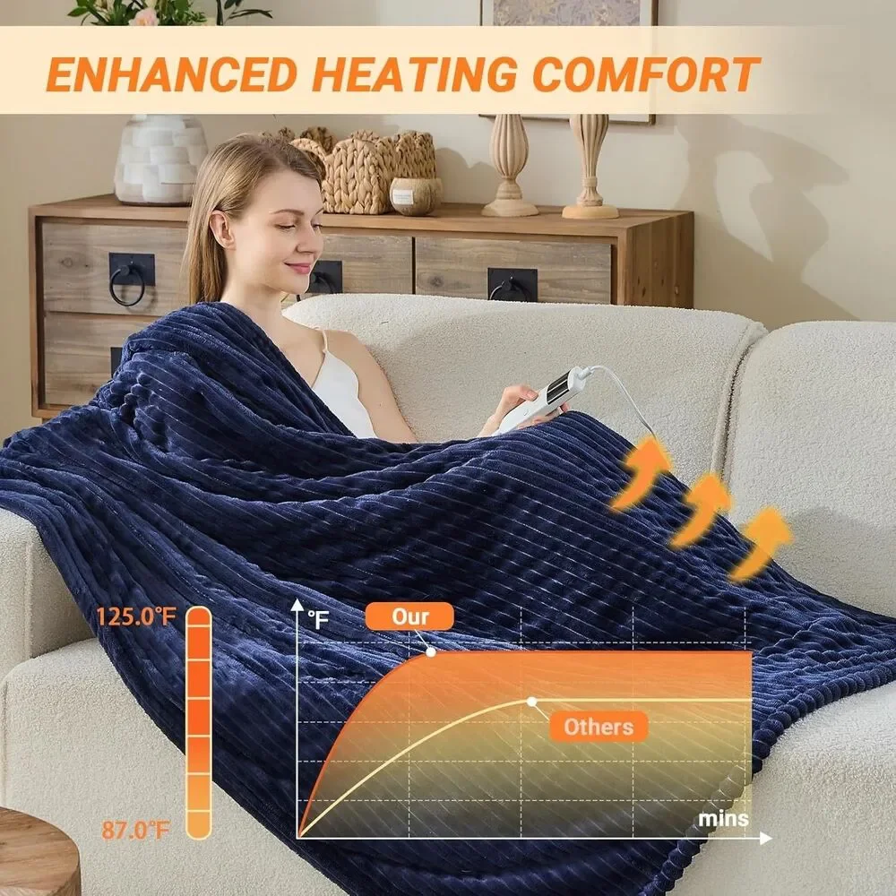 Heated Electric Throw Blanket 50x60in Blue Soft Flannel Machine Washable Heating